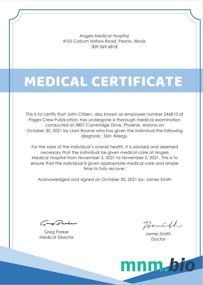 USA Hospital Medical cert